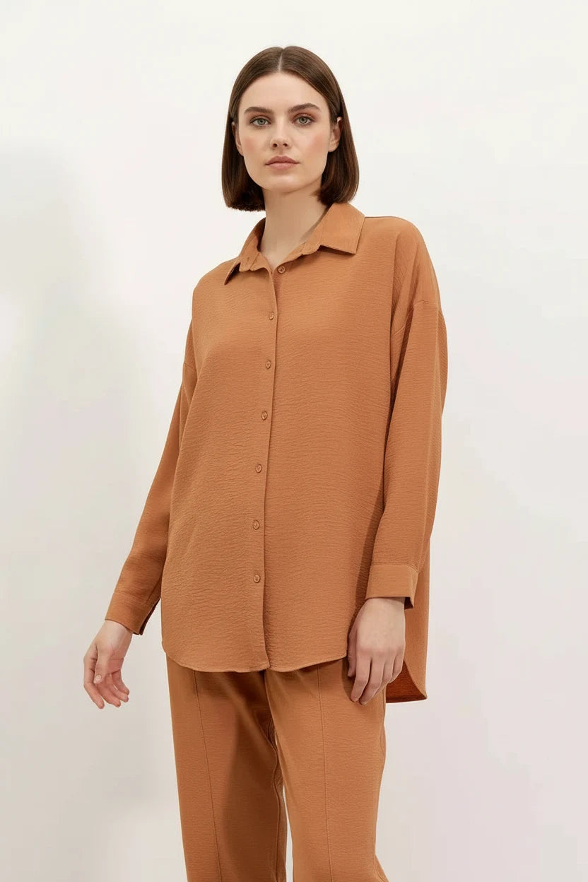 Kadın Gömlek Yaka Oversize Taba İkili Takım