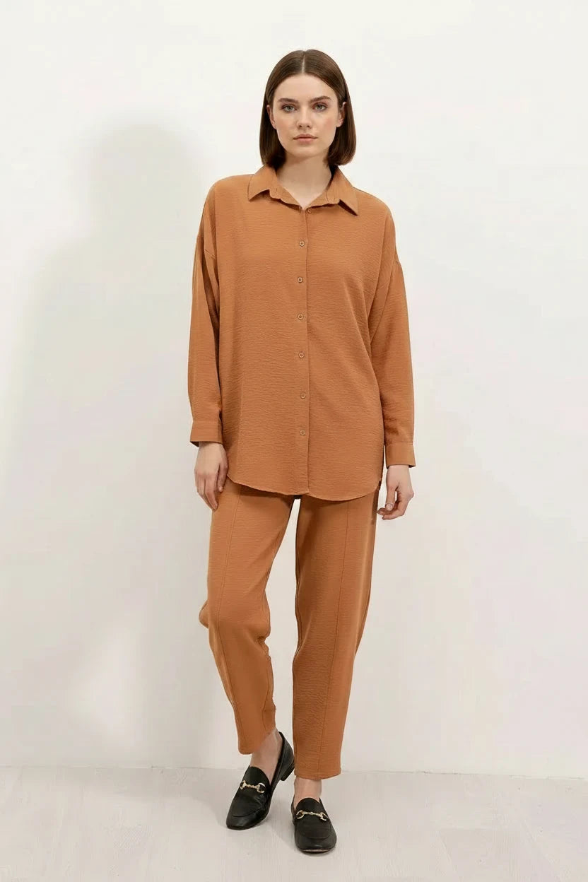 Kadın Gömlek Yaka Oversize Taba İkili Takım