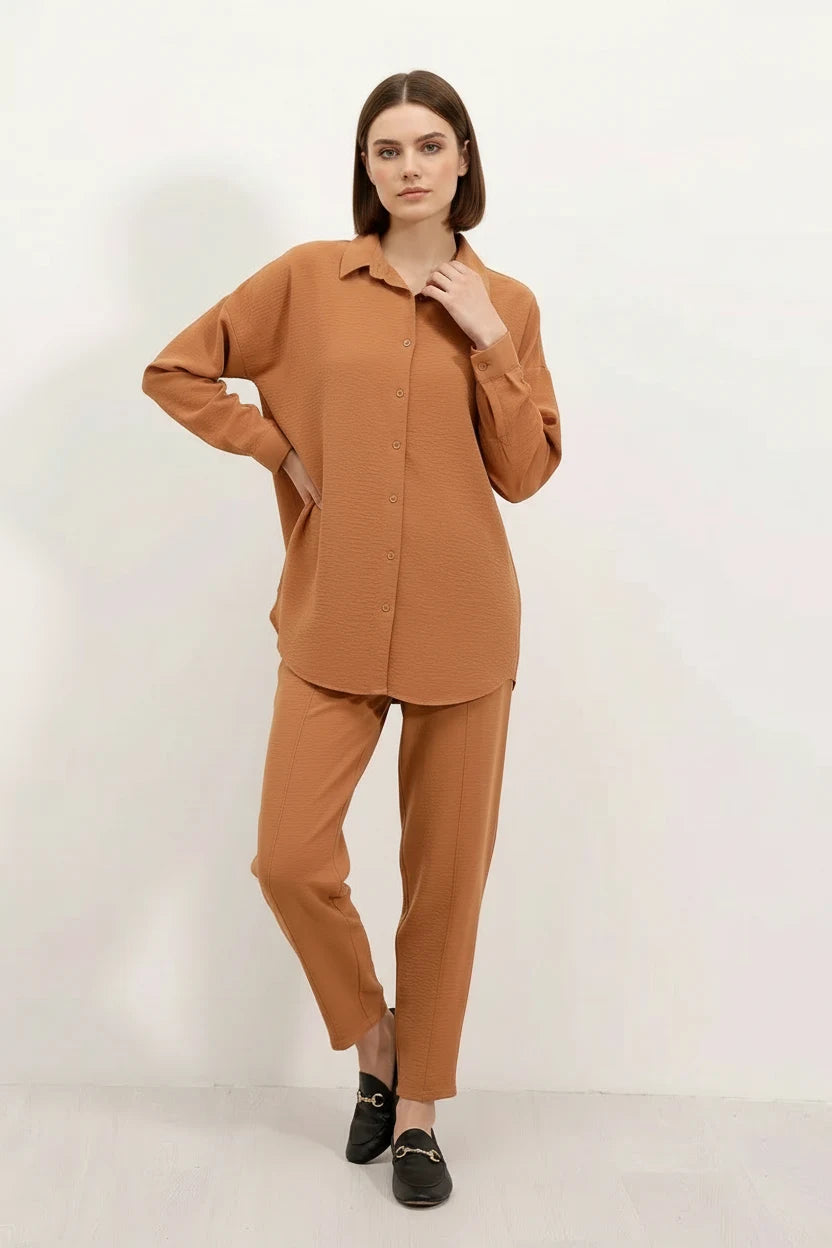 Kadın Gömlek Yaka Oversize Taba İkili Takım