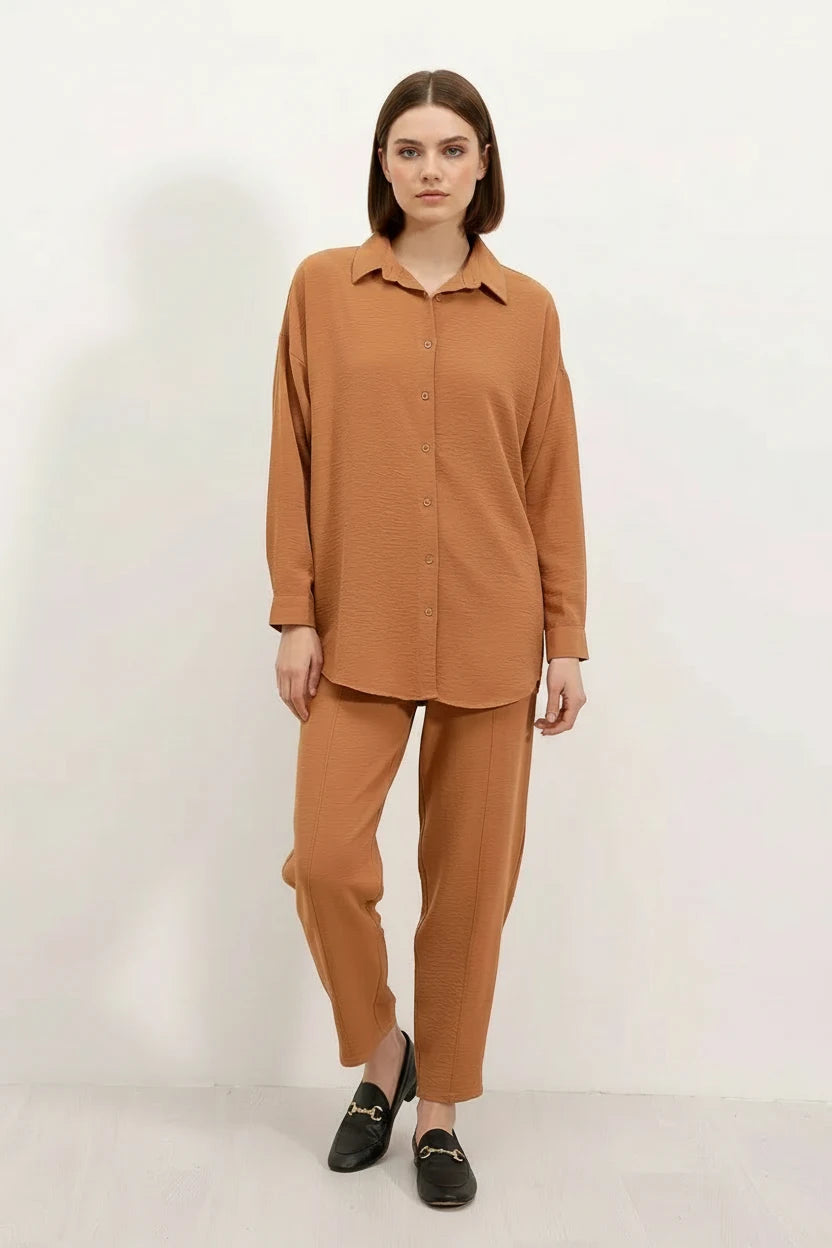Kadın Gömlek Yaka Oversize Taba İkili Takım
