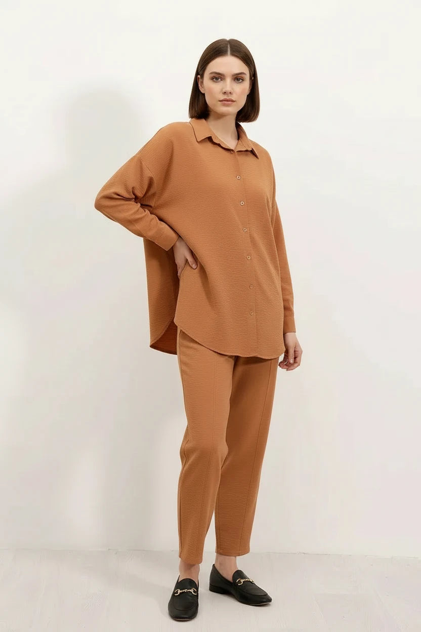 Kadın Gömlek Yaka Oversize Taba İkili Takım