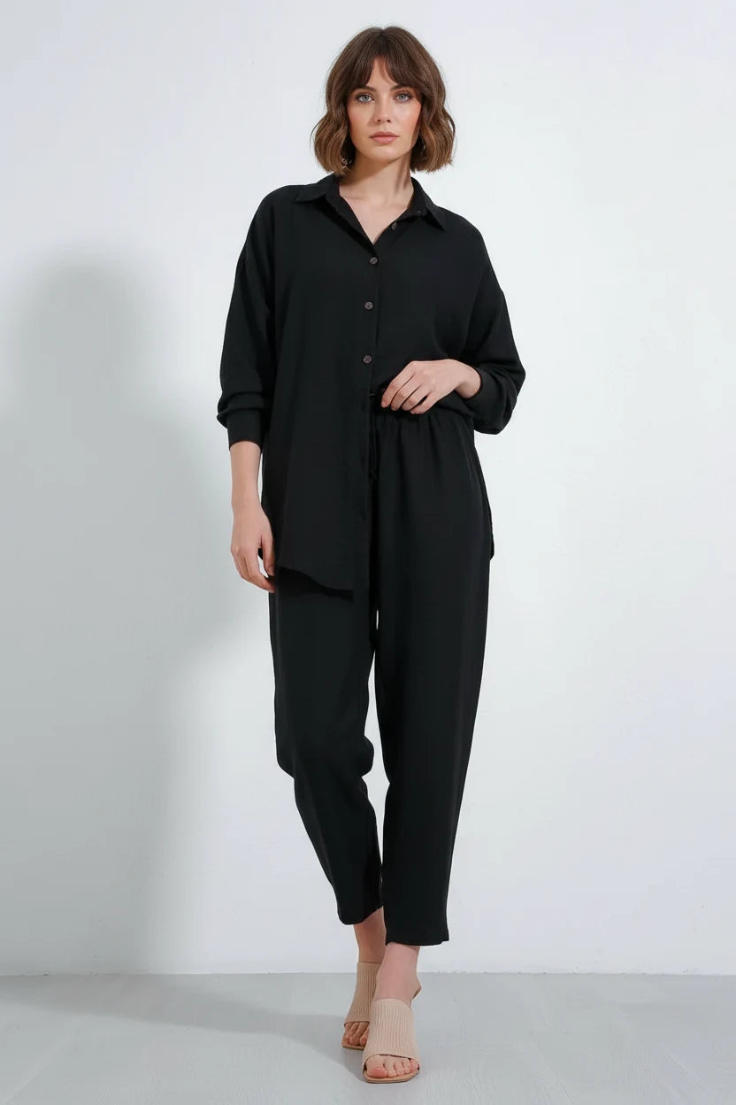 Kadın Beli Büzgülü Oversize Viskon Siyah Takım