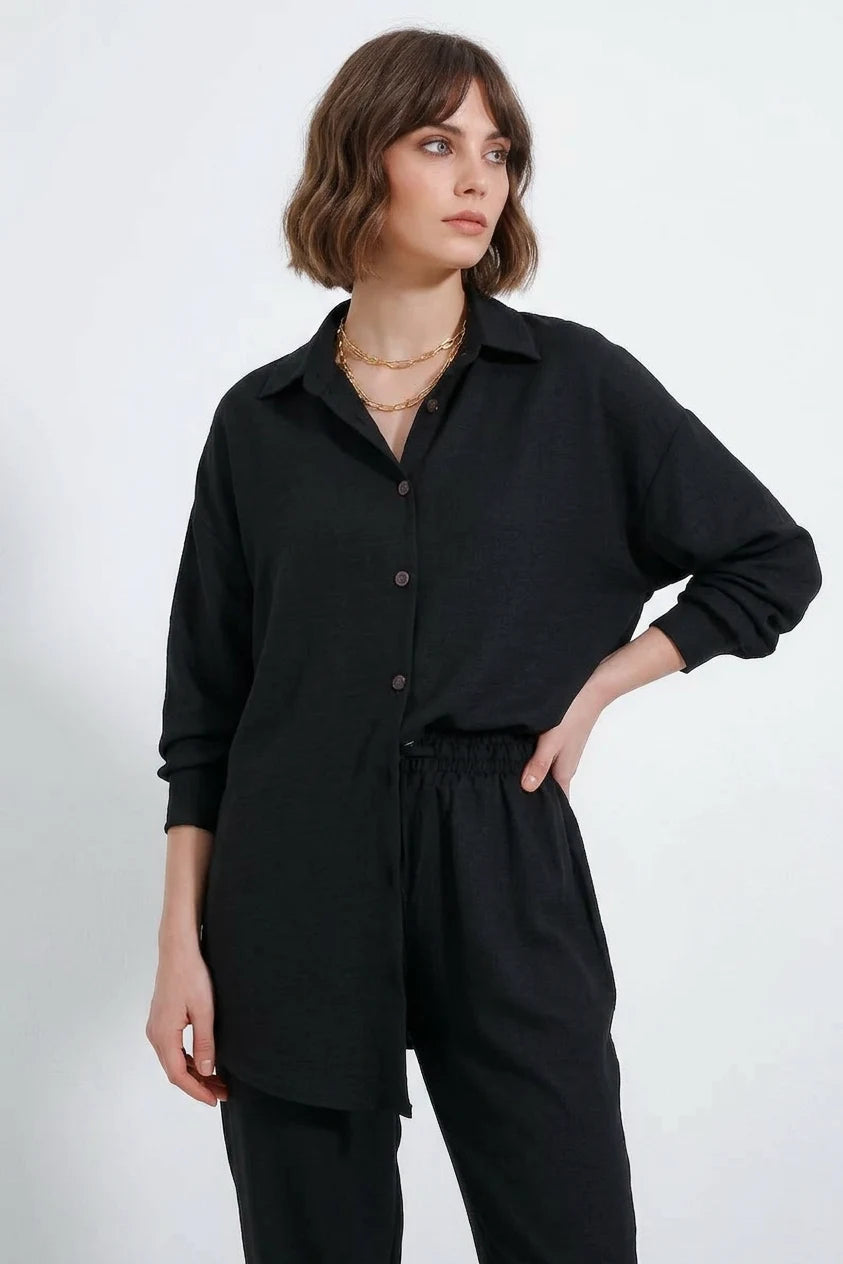 Kadın Beli Büzgülü Oversize Viskon Siyah Takım