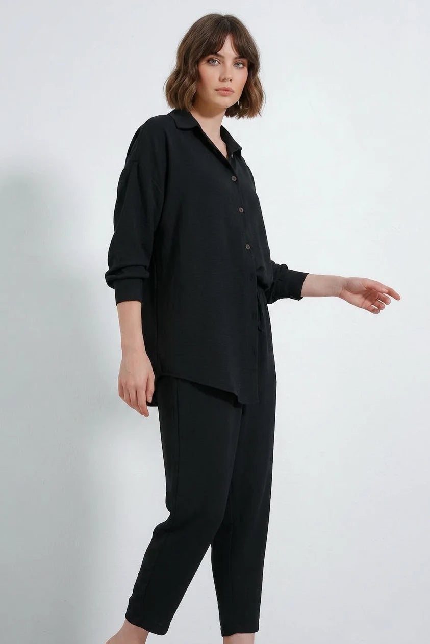 Kadın Beli Büzgülü Oversize Viskon Siyah Takım