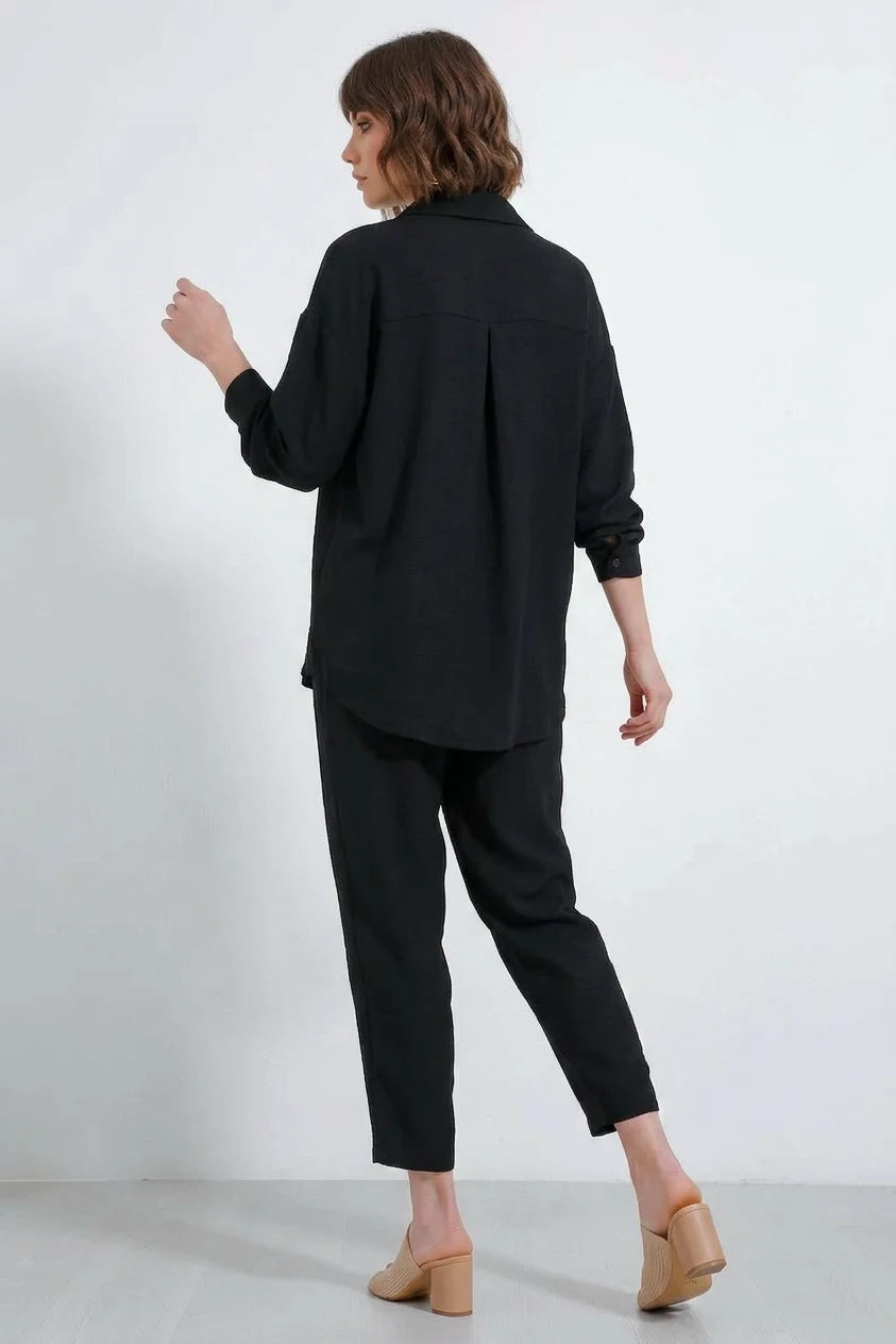 Kadın Beli Büzgülü Oversize Viskon Siyah Takım