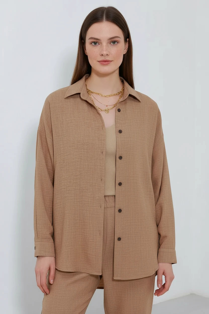 Kadın Oversize Viskon Camel Takım