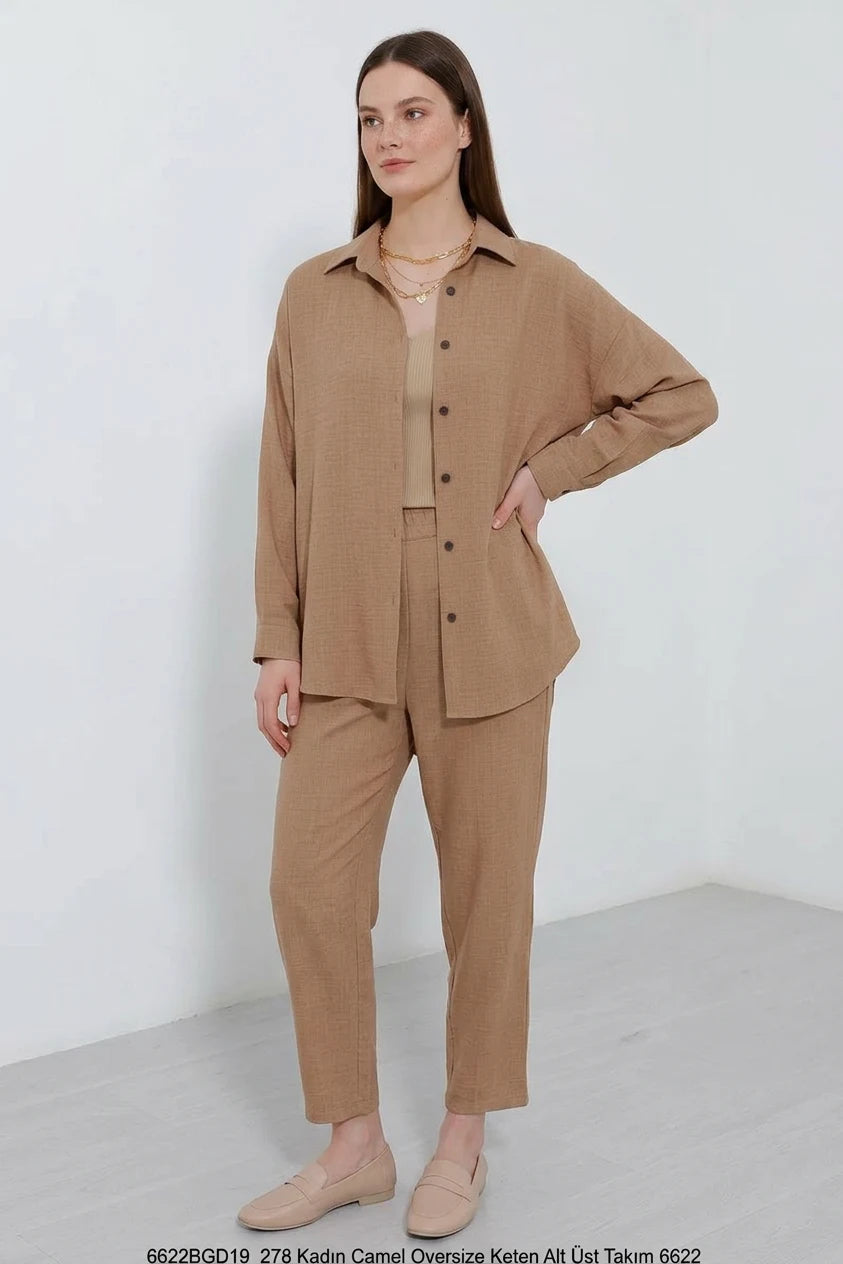 Kadın Oversize Viskon Camel Takım