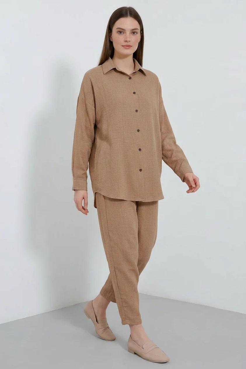 Kadın Oversize Viskon Camel Takım