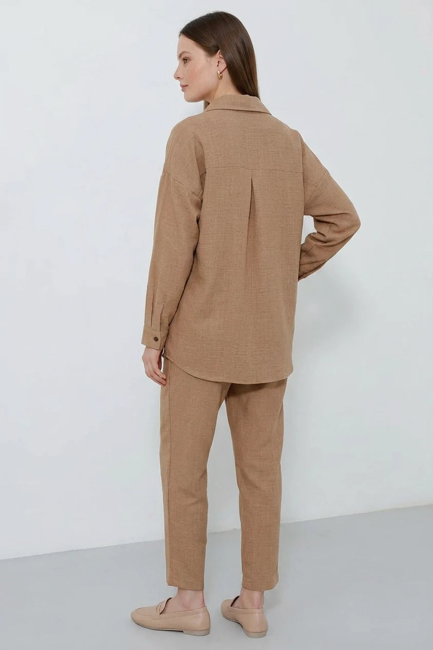 Kadın Oversize Viskon Camel Takım
