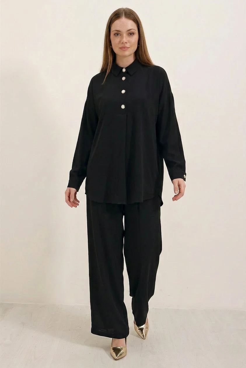 Kadın Düğmeli Oversize Siyah Takım