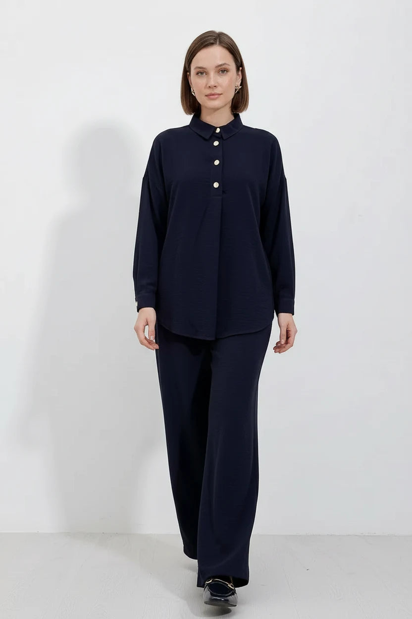 Kadın Düğmeli Oversize Lacivert Takım