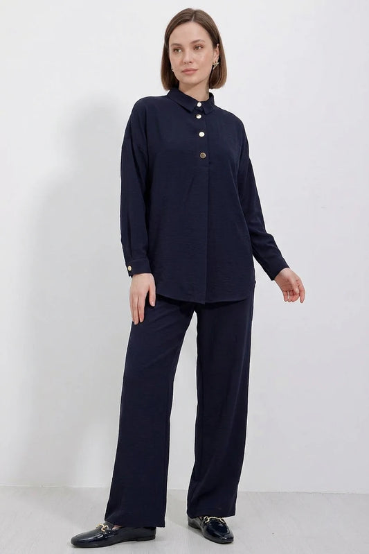 Kadın Düğmeli Oversize Lacivert Takım