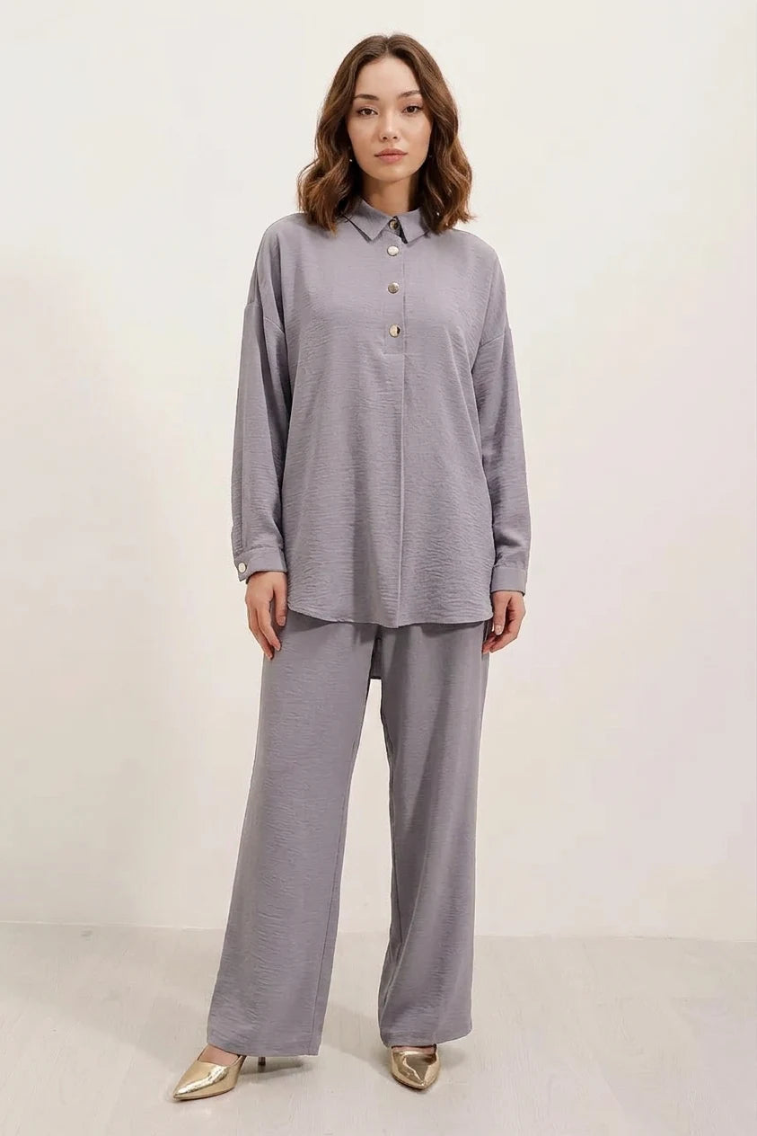 Kadın Düğmeli Oversize Gri Takım