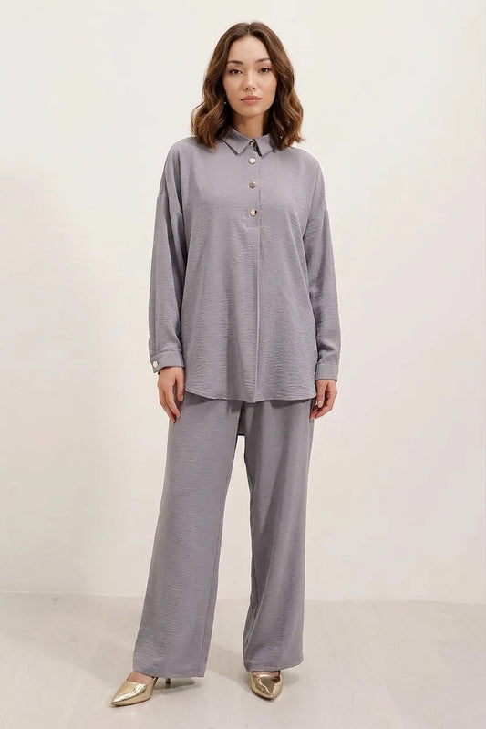 Kadın Düğmeli Oversize Gri Takım