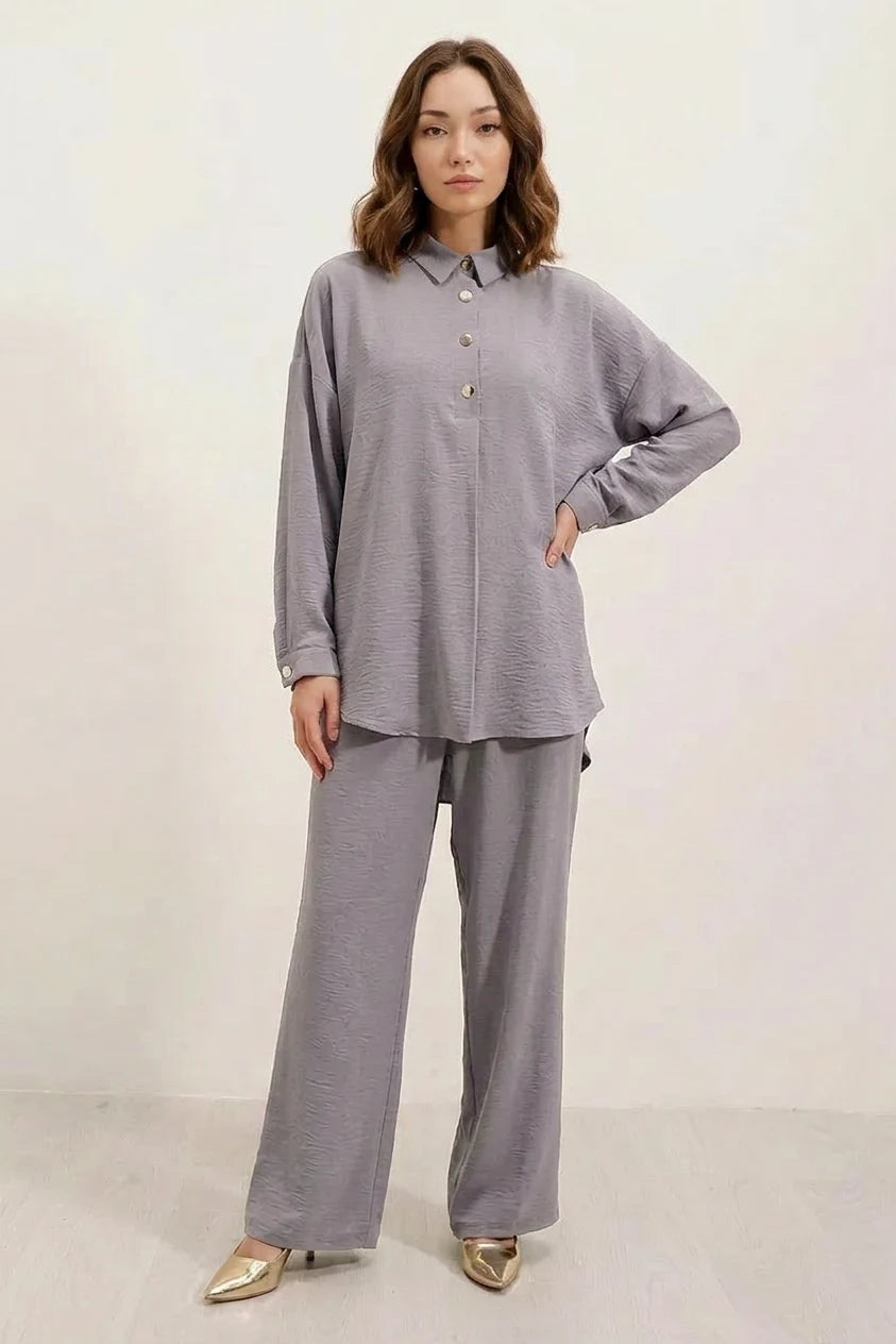 Kadın Düğmeli Oversize Gri Takım