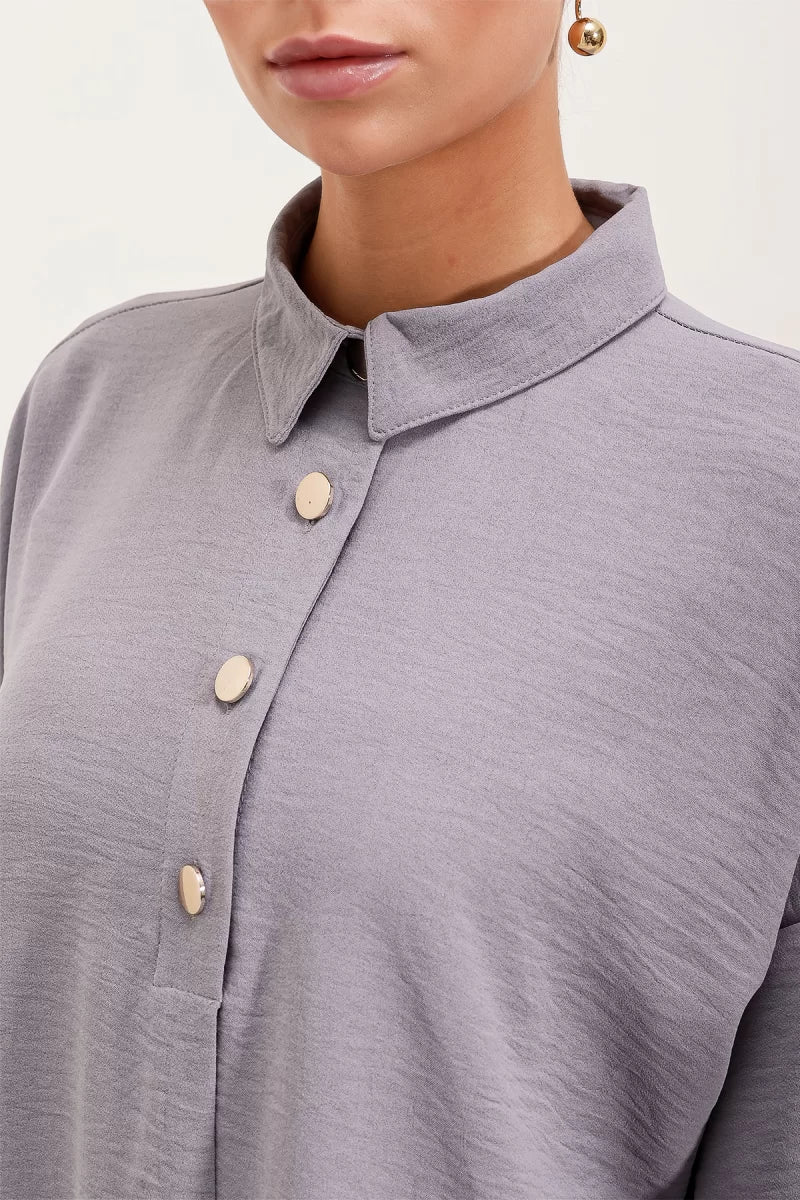Kadın Düğmeli Oversize Gri Takım