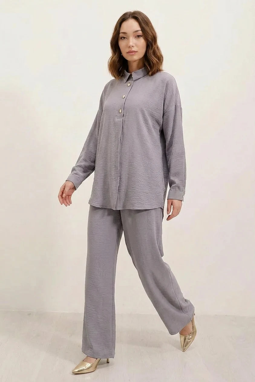 Kadın Düğmeli Oversize Gri Takım
