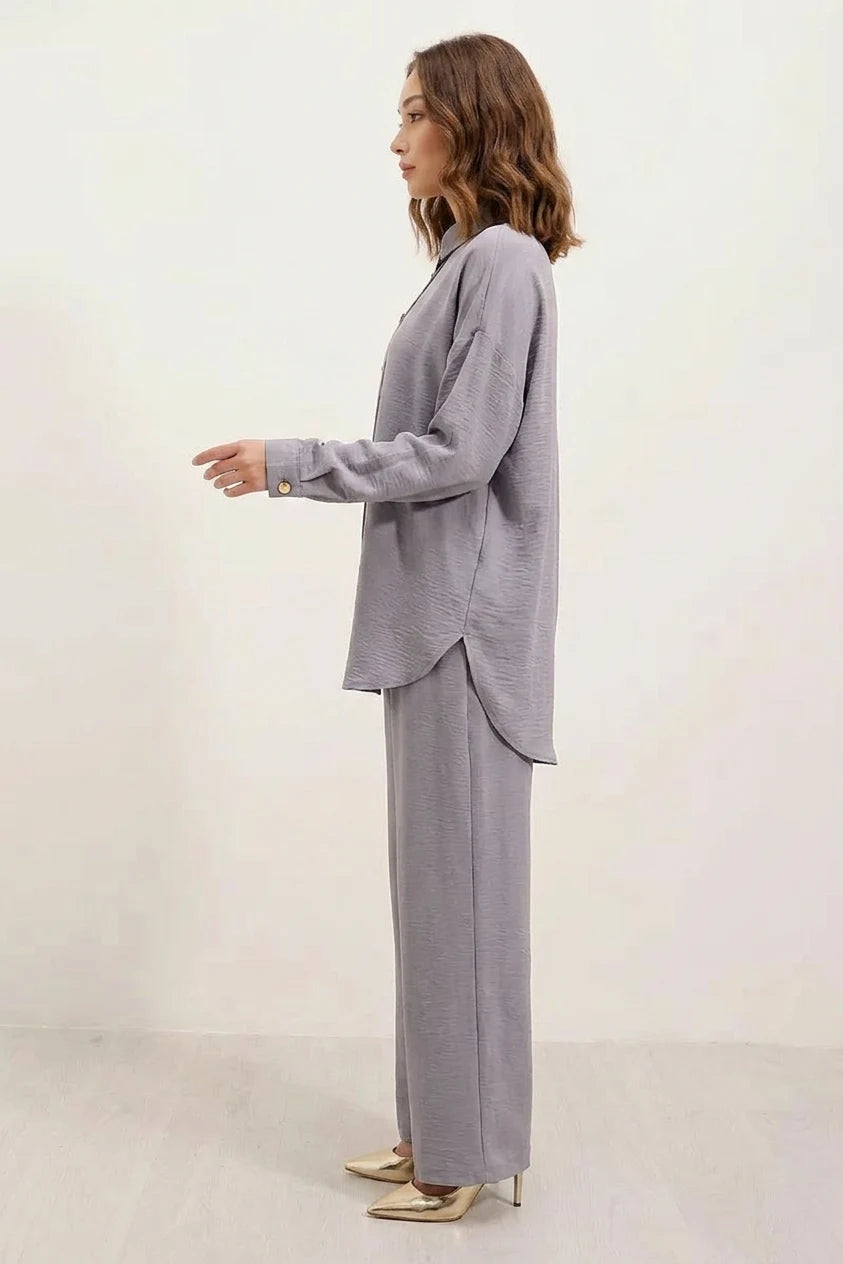 Kadın Düğmeli Oversize Gri Takım