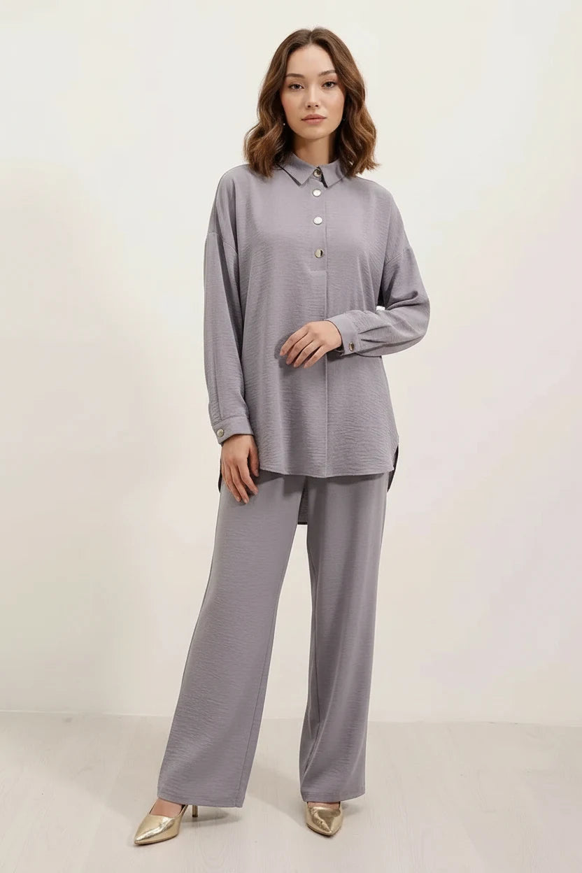 Kadın Düğmeli Oversize Gri Takım