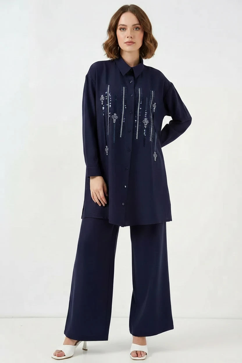 Kadın Gömlek Yaka Desenli Viskon Lacivert İkili Takım