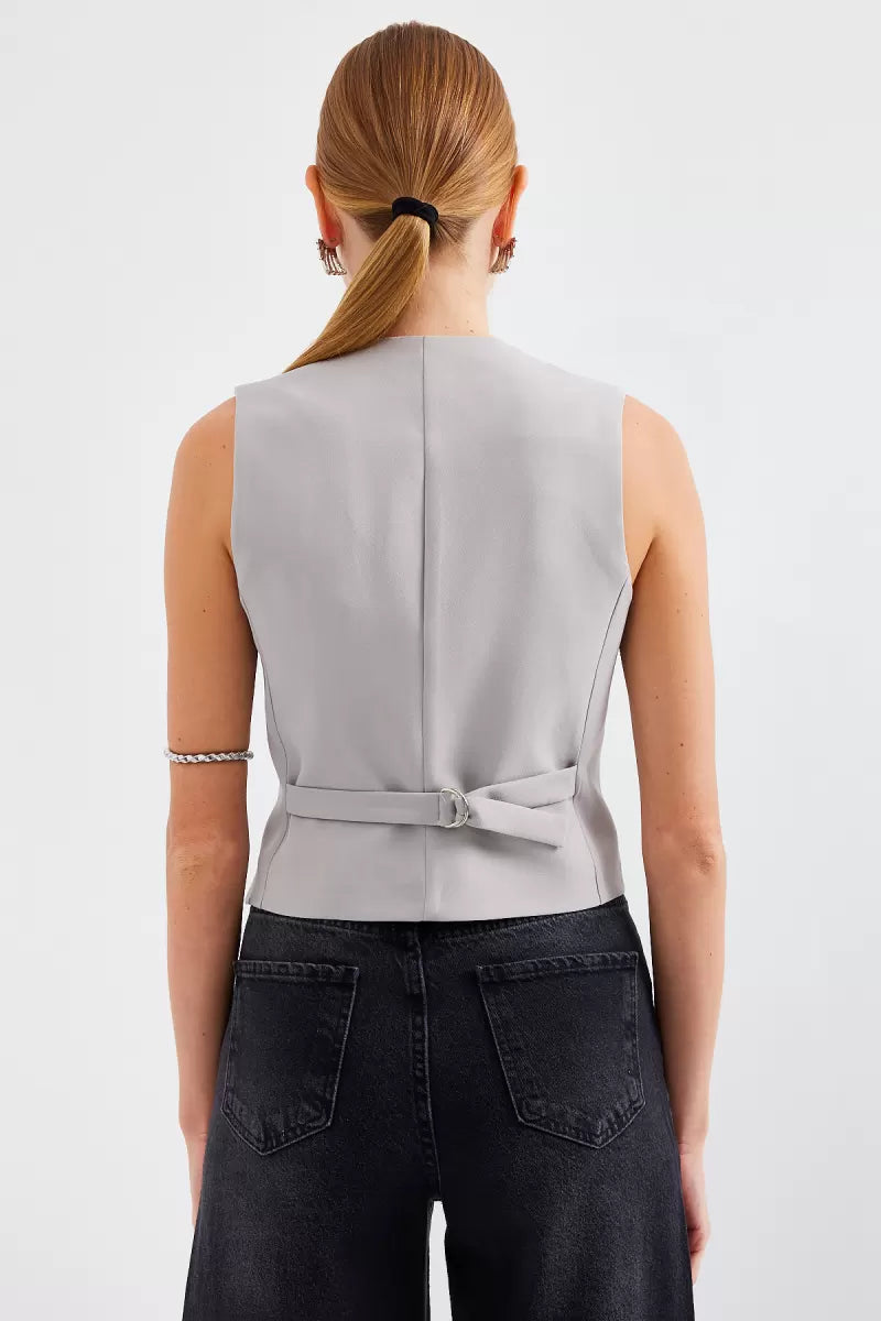 Kadın V Yaka Düğmeli Kısa Kol Gri Yelek