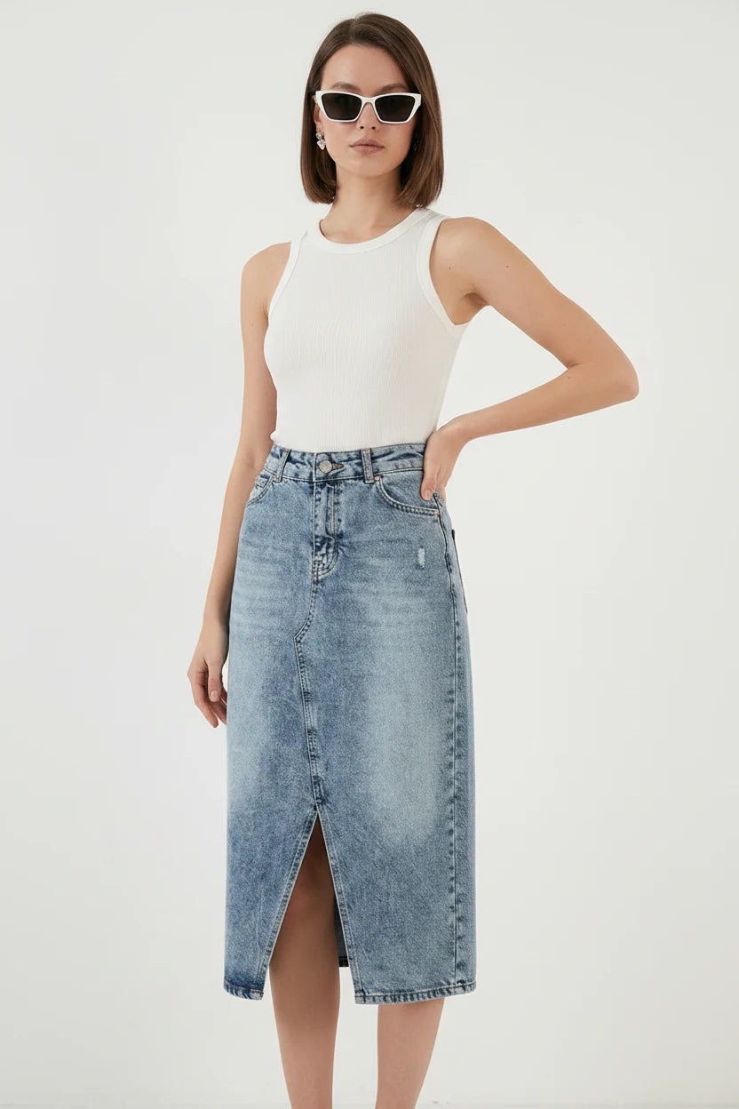 Kadın Yırtmaçlı Pamuklu Mavi Kot Etek