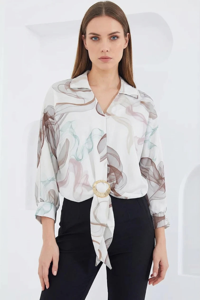 Kadın Crop Oversize Desenli Saten Kahverengi Gömlek