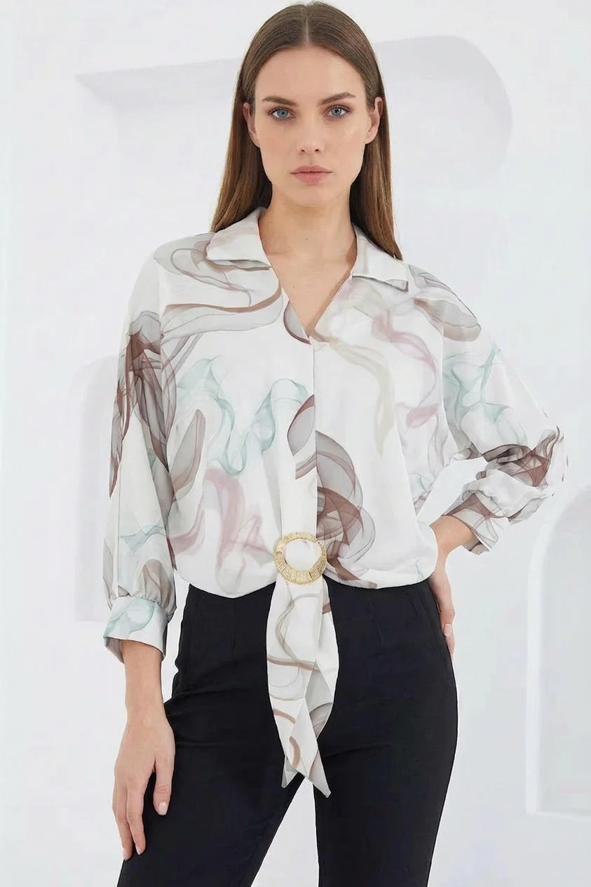 Kadın Crop Oversize Desenli Saten Kahverengi Gömlek