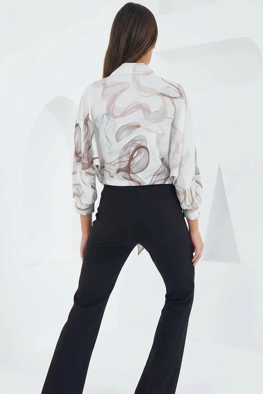 Kadın Crop Oversize Desenli Saten Kahverengi Gömlek
