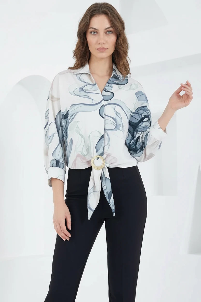 Kadın Kuşaklı Oversize Desenli Saten İndigo Gömlek