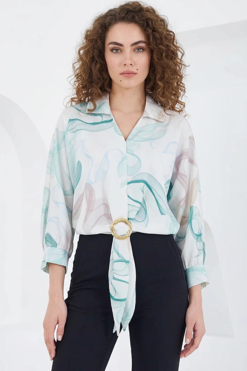 Kadın Kuşaklı Oversize Desenli Saten Mint Gömlek