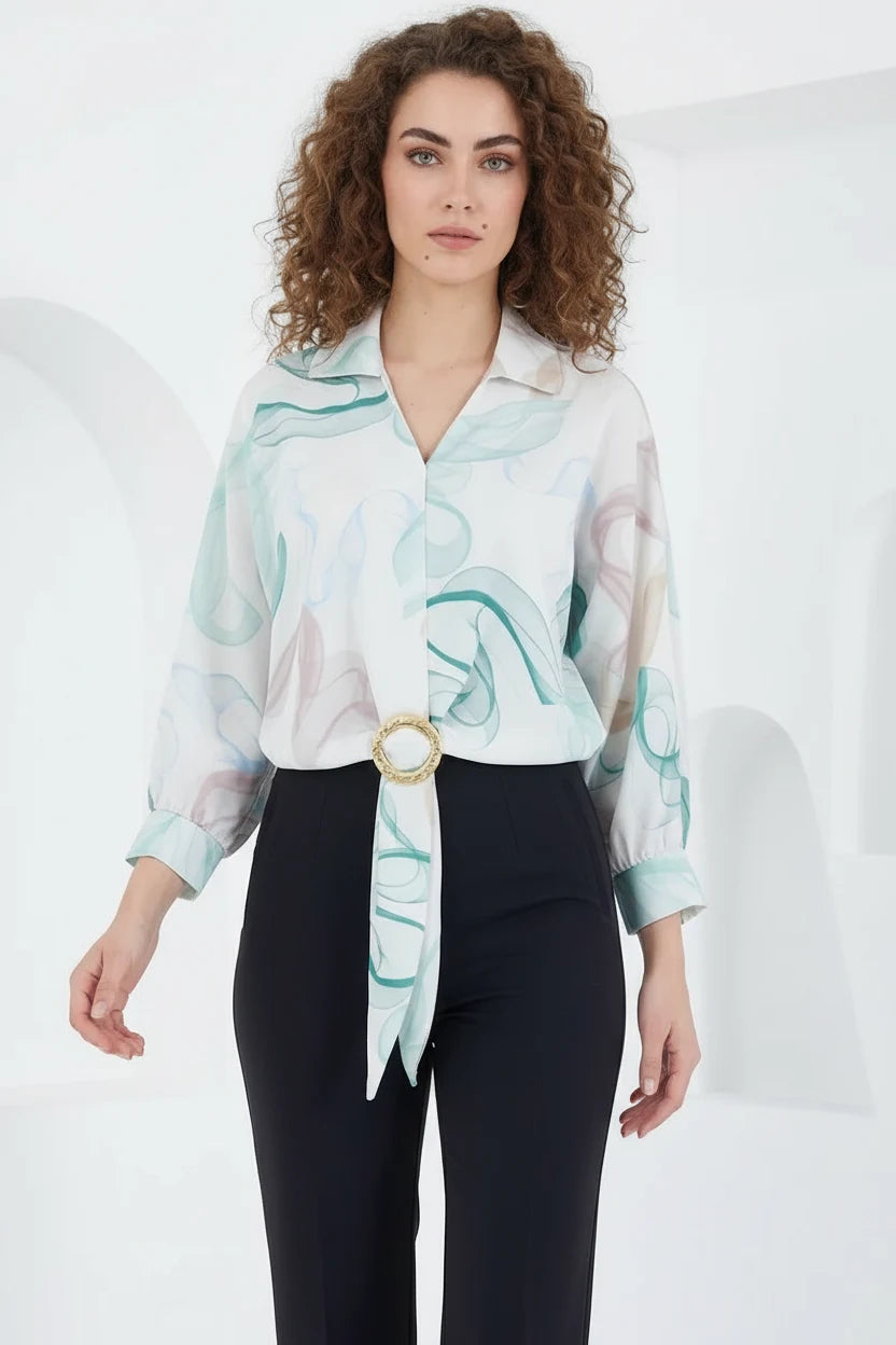 Kadın Kuşaklı Oversize Desenli Saten Mint Gömlek