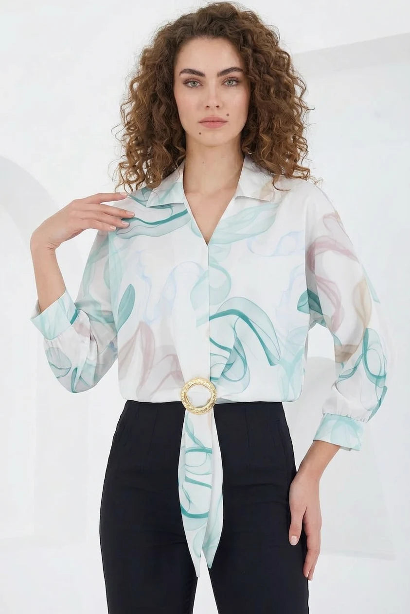Kadın Kuşaklı Oversize Desenli Saten Mint Gömlek