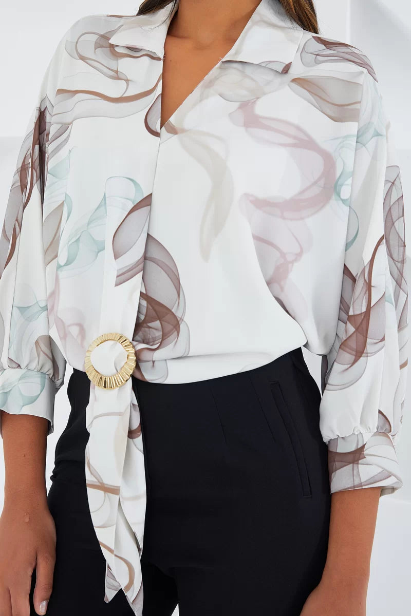 Kadın Crop Oversize Desenli Saten Kahverengi Gömlek