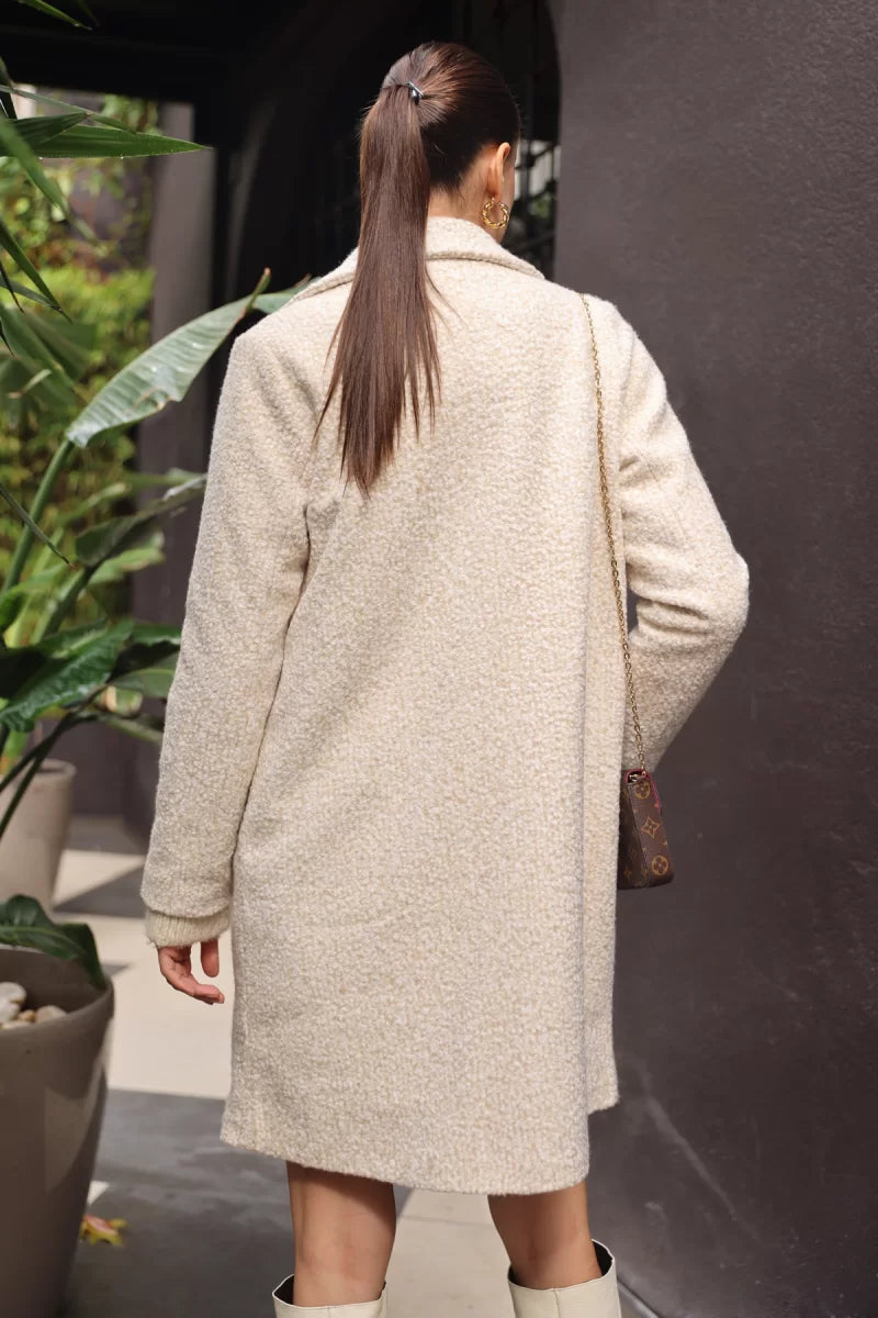 Kadın Klasik Yaka Oversize Kaşe Krem Kaban