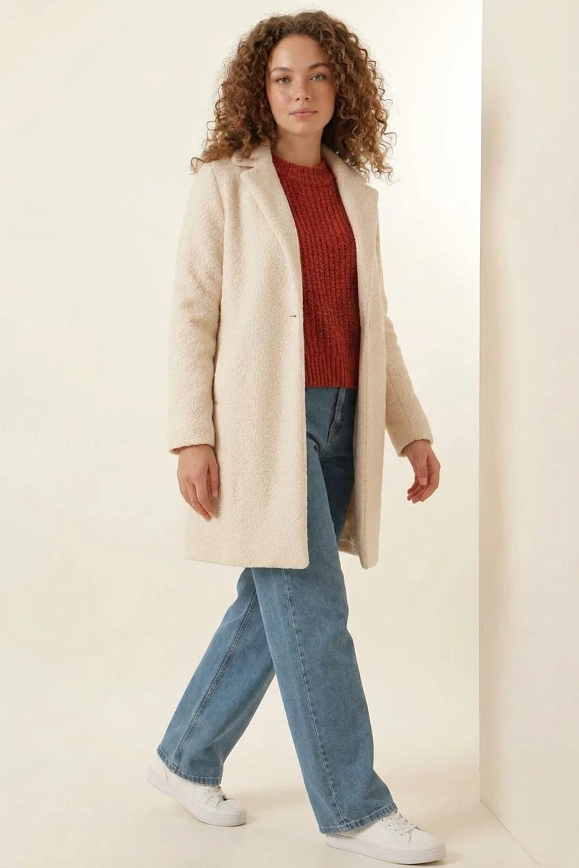 Kadın Kemer Yaka Oversize Kaşe Krem Kaban