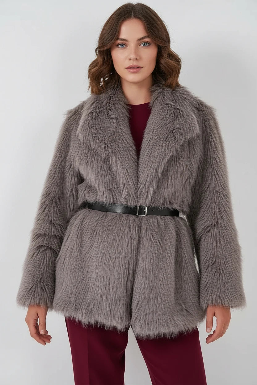 Kadın Geniş Yaka Kemerli Kürklü Oversize Füme Kaban