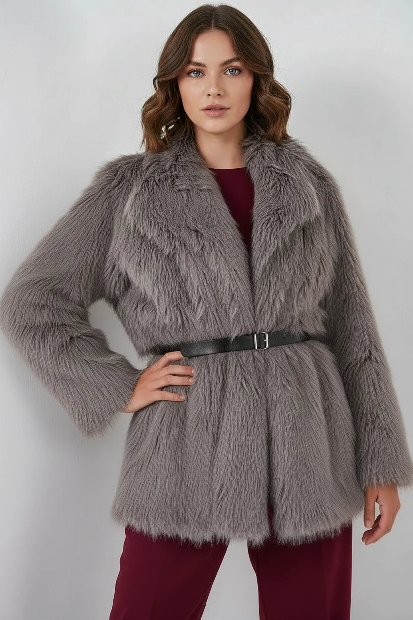Kadın Geniş Yaka Kemerli Kürklü Oversize Füme Kaban