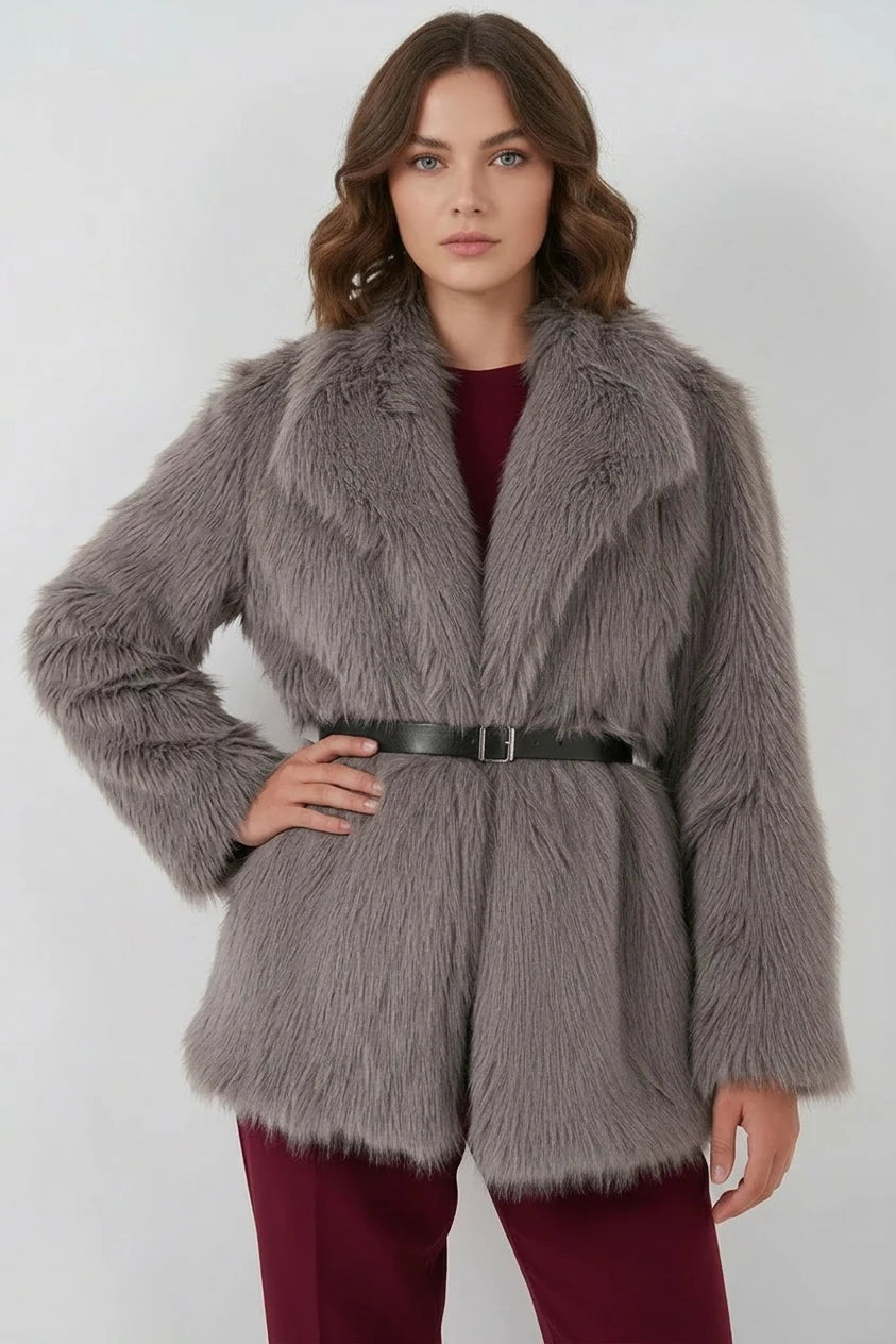 Kadın Geniş Yaka Kemerli Kürklü Oversize Füme Kaban