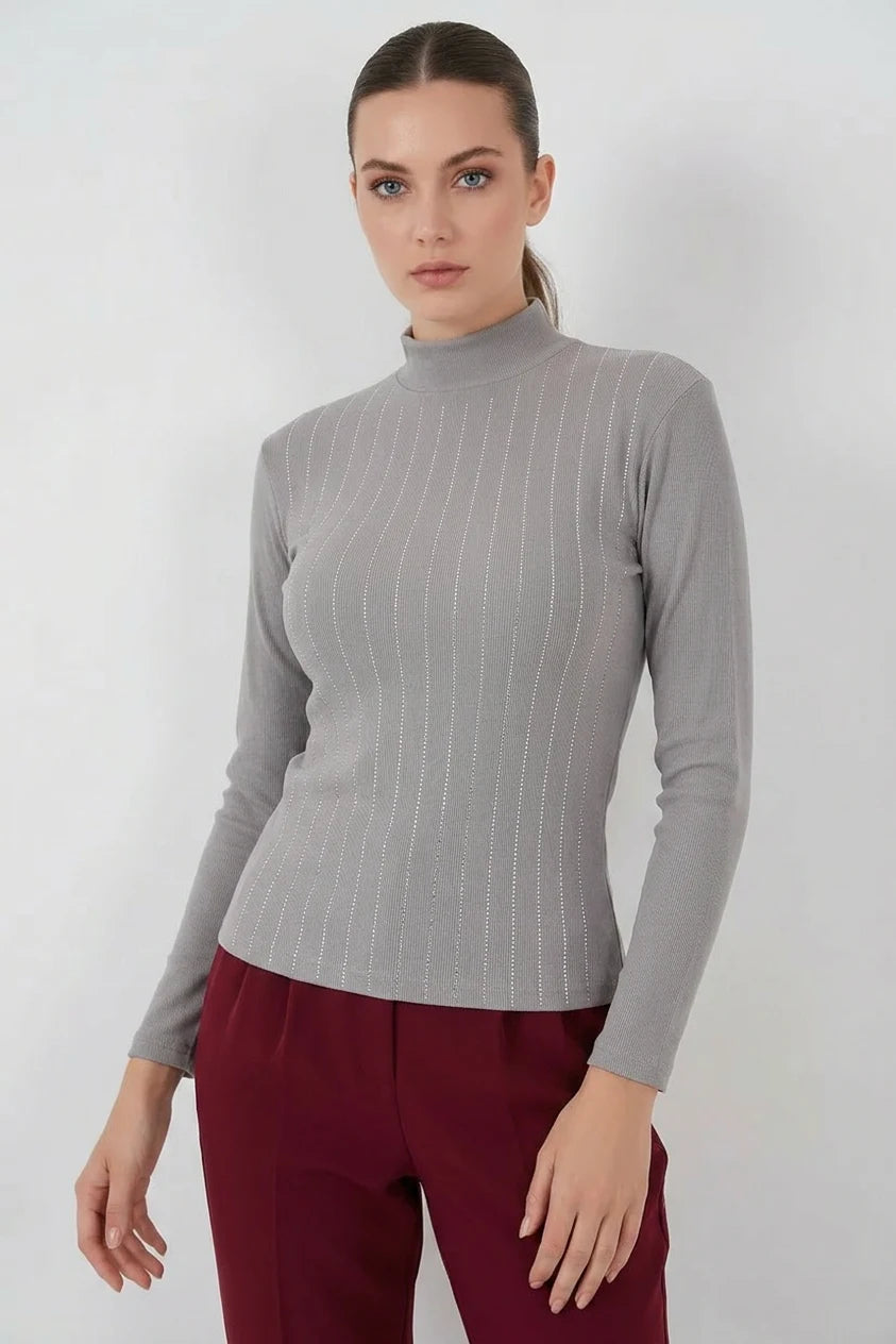 Kadın Balıkçı Yaka Dikey Çizgili Gri Body