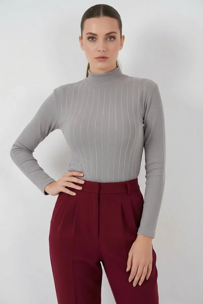 Kadın Balıkçı Yaka Dikey Çizgili Gri Body