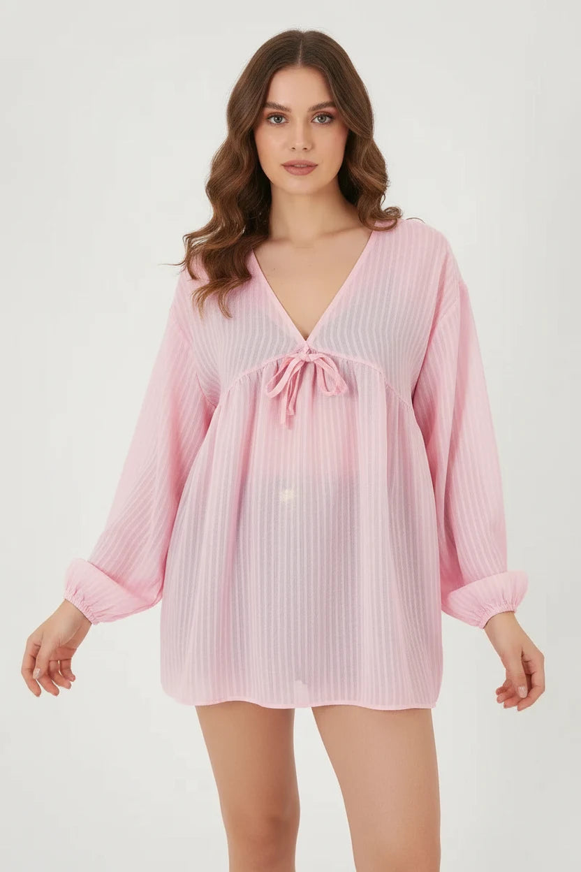 Kadın V Yaka Beli Bağcıklı Uzun Kol Çizgili Viskon Pembe Bluz