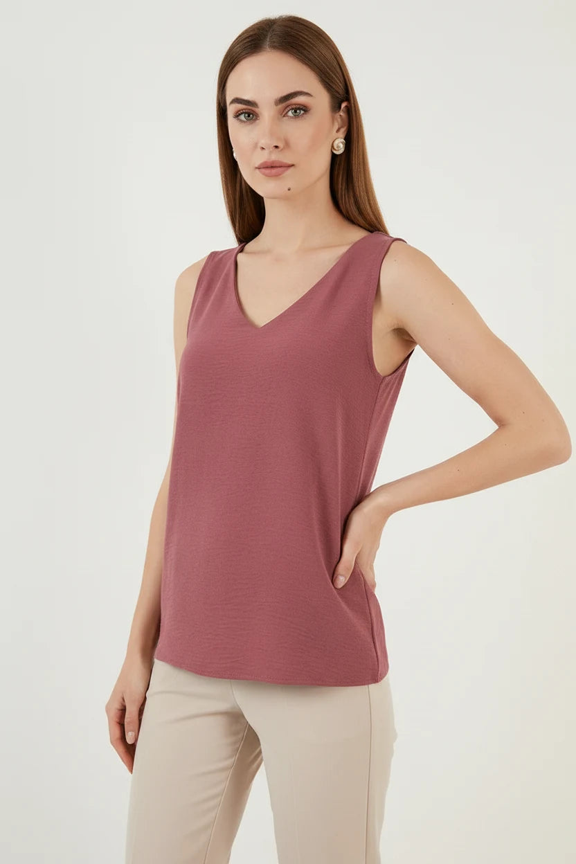 Kadın V Yaka Sıfır Kol Gül Kurusu Bluz